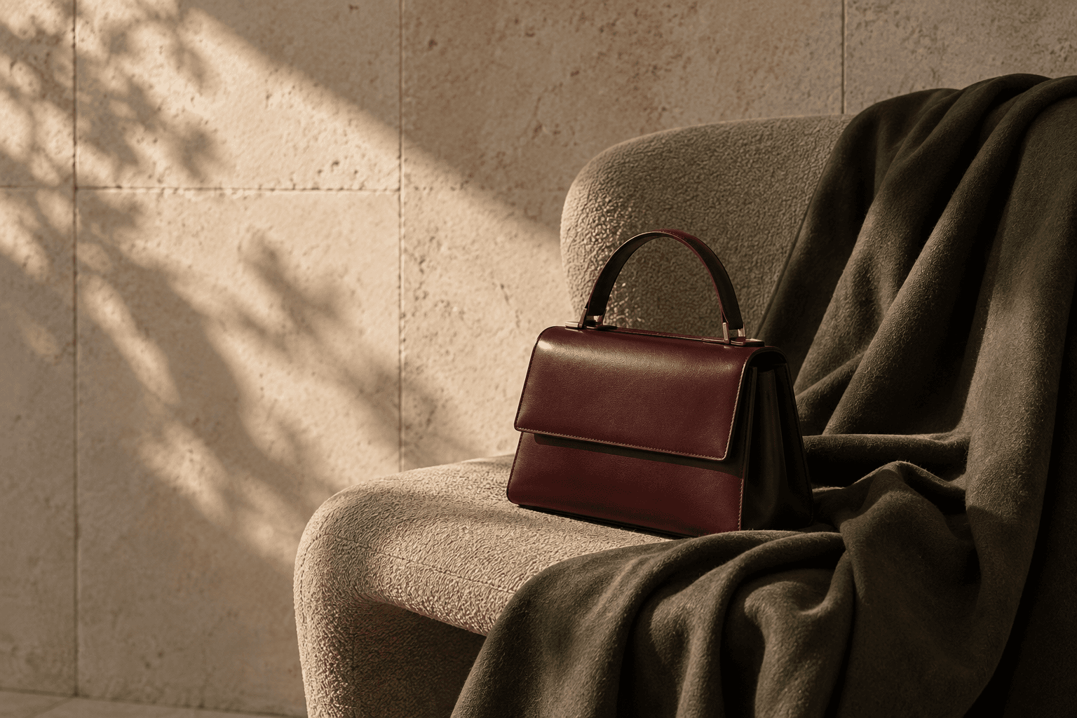 Oxblood handbag beside an olive textile in warm natural light
