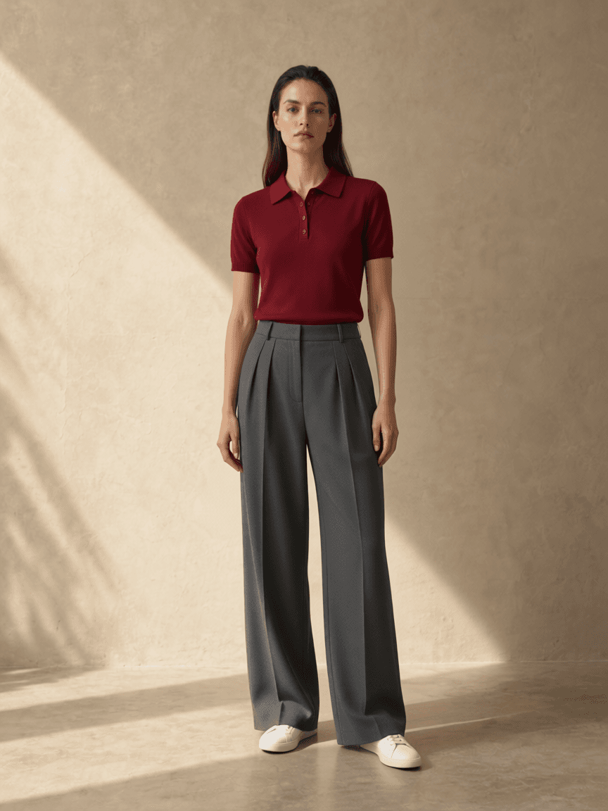 Unretouched adapter result combining the burgundy top, charcoal trousers and white shoes