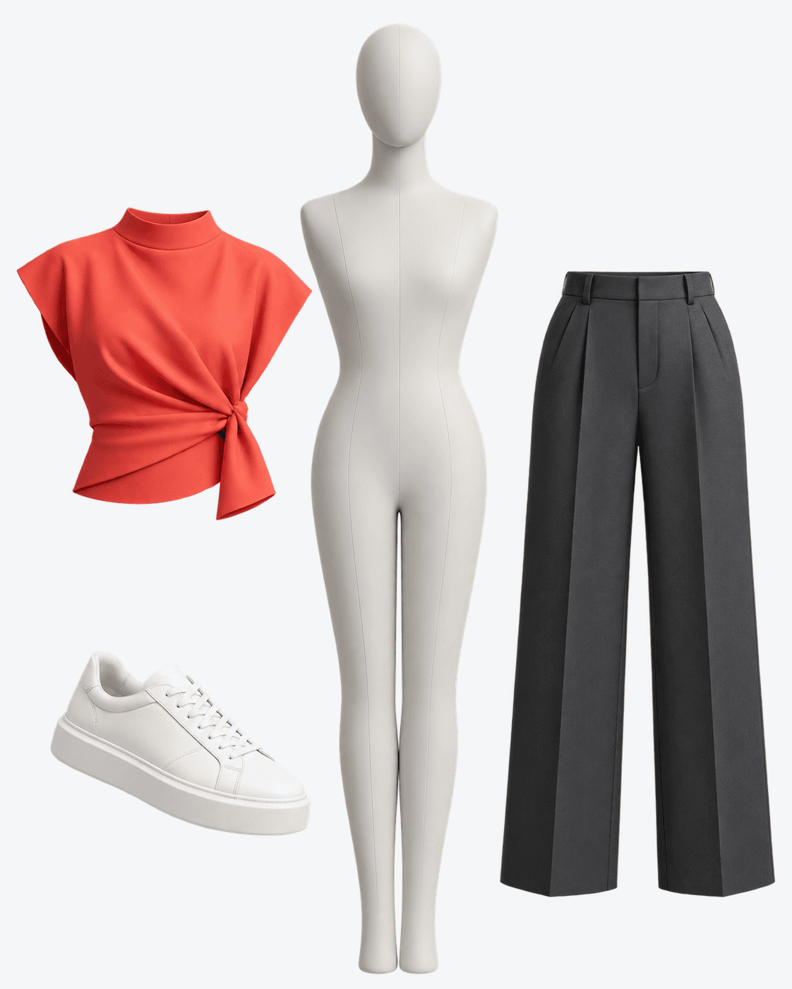 AI-generated clothing reference with a red top, grey trousers and white trainers